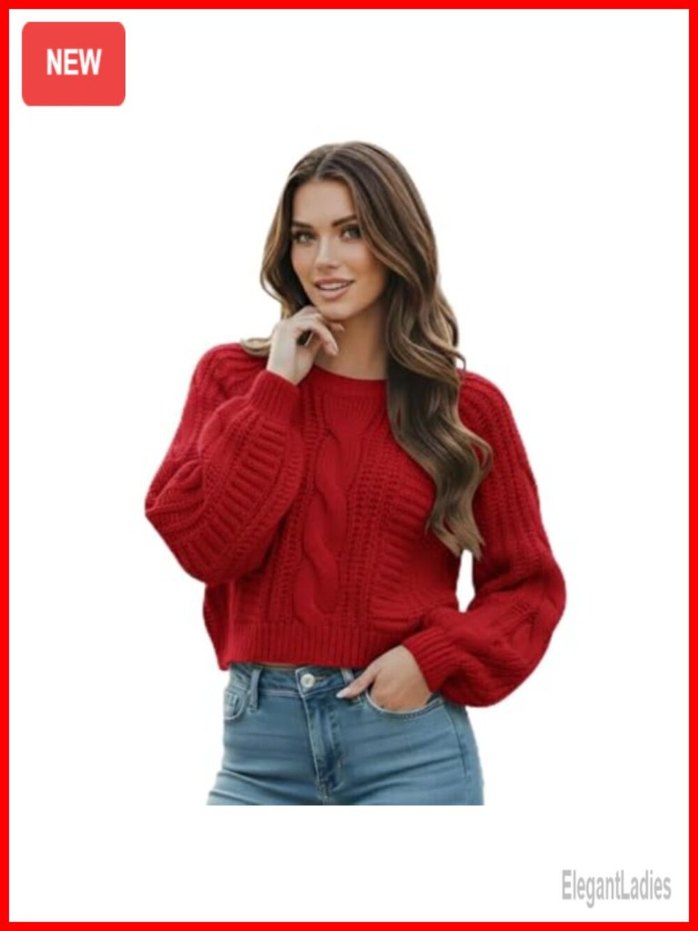 Cropped Cable Knit Sweater Acrylic Long Sleeve Pullover Casual Fall Winter
